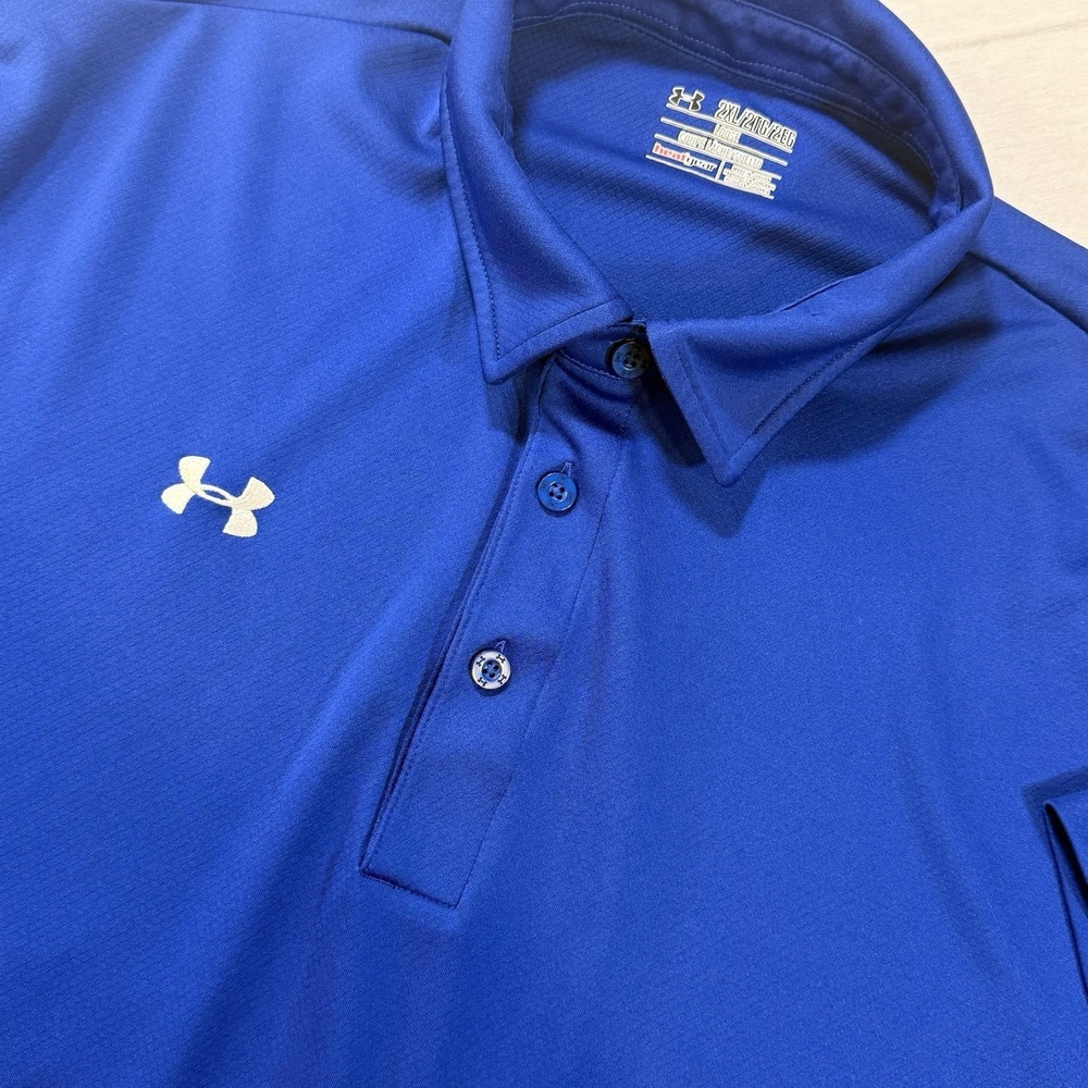 Under Armour Heat Gear Polo Shirt 2XL Blue Loose Performance Short Sleeve Golf